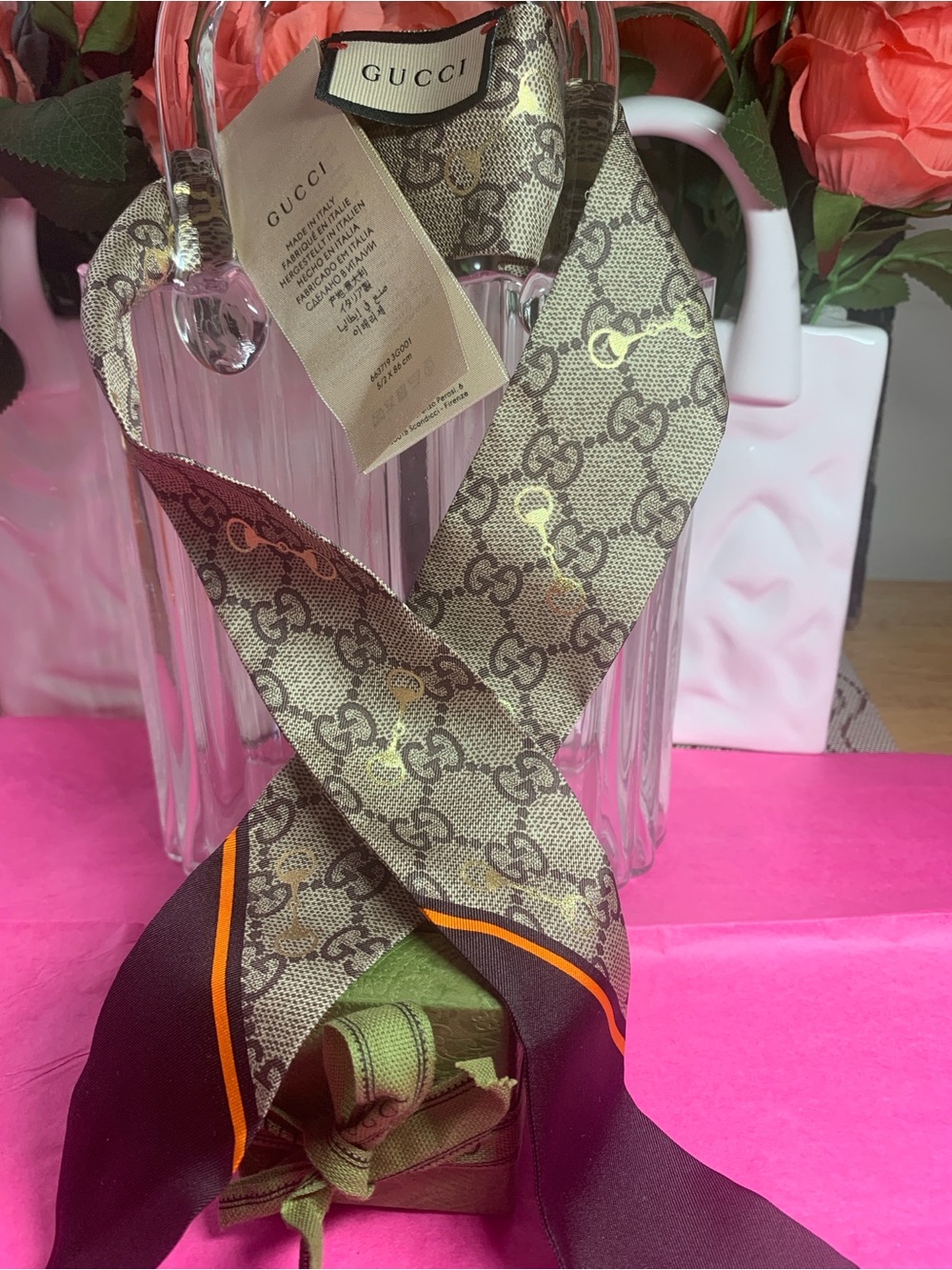Gucci Beige Brown Silk Twilly with Gold GG and Orange-Trim Accent